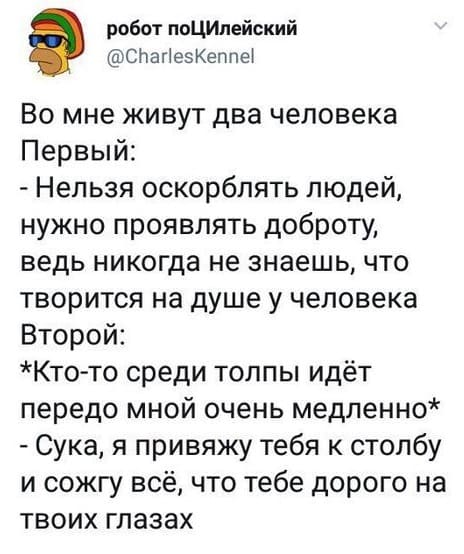 Во мне живут два человека.
Первый:
– Нельзя оскорблять людей, нужно проявлять доброту, ведь никогда не знаешь, что творится на душе у человека.
Второй:
*Кто-то среди толпы идёт передо мной очень медленно*
– Сука, я привяжу тебя к столбу и сожгу всё, что тебе дорого на твоих глазах.