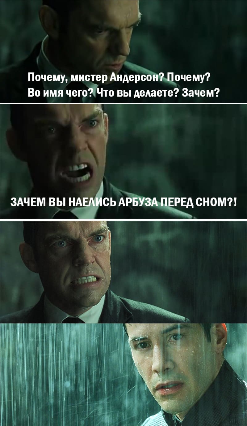 Почему, мистер Андерсон? Почему? Во имя чего? Что вы делаете? Зачем?
ЗАЧЕМ ВЫ НАЕЛИСЬ АРБУЗА ПЕРЕД СНОМ?!