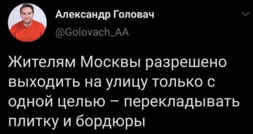 Жителям Москвы разрешено выходить на улицу только с одной целью — перекладывать плитку и бордюры.