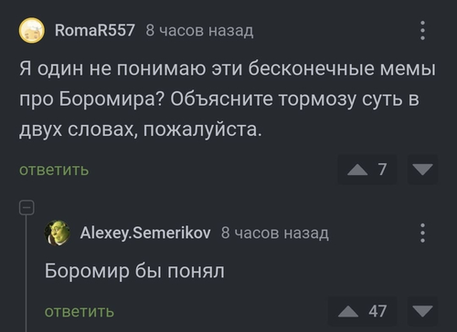 – Я один не понимаю эти бесконечные мемы про Боромира? Объясните тормозу суть в двух словах, пожалуйста.
– Боромир бы понял.