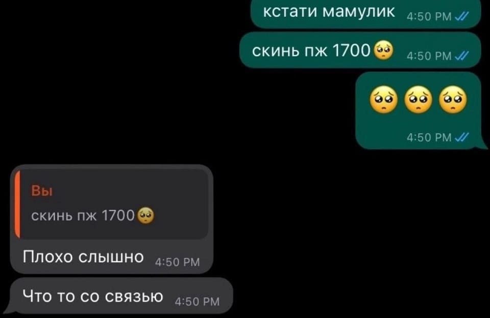 – Кстати мамулик, скинь пж 1700.
– Плохо слышно, что-то со связью.