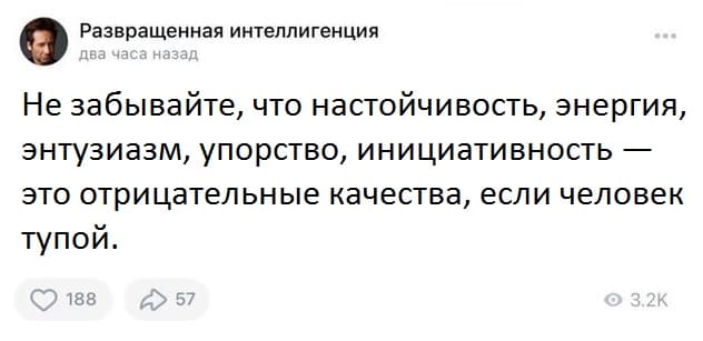 Не забывайте, что настойчивость, энергия, энтузиазм, упорство, инициативность — это отрицательные качества, если человек тупой.