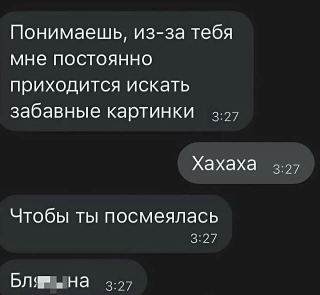 – Понимаешь, из-за тебя мне постоянно приходится искать забавные картинки.
– Хахаха.
– Чтобы ты посмеялась. Бл*дина...