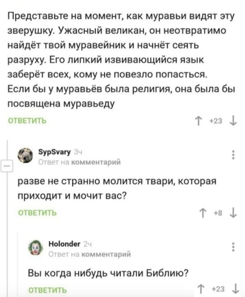 – Представьте на момент, как муравьи видят эту зверушку. Ужасный великан, он неотвратимо найдёт твой муравейник и начнёт сеять разруху. Его липкий извивающийся язык заберёт всех, кому не повезло попасться. Если бы у муравьёв была религия, она была бы посвящена муравьеду.
– Разве не странно молится твари, которая приходит и мочит вас?
– Вы когда нибудь читали Библию?