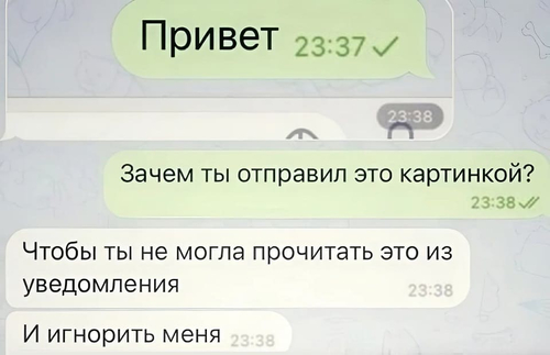 – *Привет*
– Зачем ты отправил это картинкой?
– Чтобы ты не могла прочитать это из уведомления и игнорить меня.