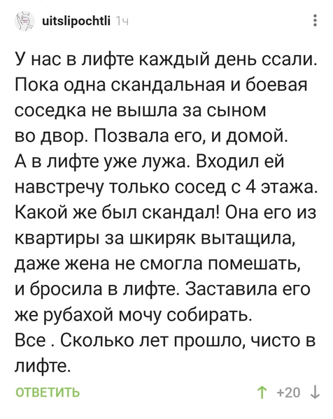 У нас в лифте каждый день ссали. Пока одна скандальная и боевая соседка не вышла за сыном во двор. Позвала его, и домой. А в лифте уже лужа. Входил ей навстречу только сосед с 4 этажа. Какой же был скандал! Она его из квартиры за шкиряк вытащила, даже жена не смогла помешать, и бросила в лифте. Заставила его же рубахой мочу собирать. Всё . Сколько лет прошло, чисто в лифте.