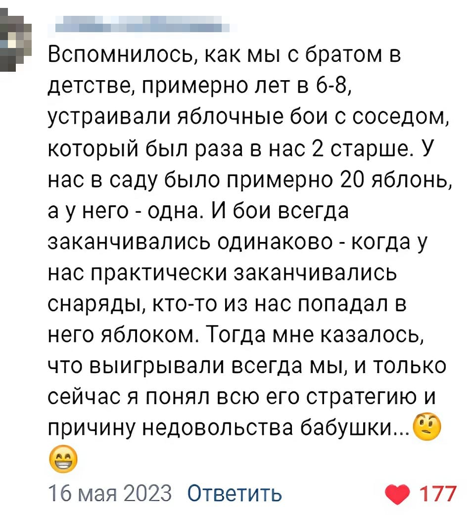 Вспомнилось, как мы с братом в детстве, примерно лет в 6-8, устраивали яблочные бои с соседом, который был раза в нас 2 старше. У нас в саду было примерно 20 яблонь, а у него — одна. И бои всегда заканчивались одинаково - когда у нас практически заканчивались снаряды, кто-то из нас попадал в него яблоком. Тогда мне казалось, что выигрывали всегда мы, и только сейчас я понял всю его стратегию и причину недовольства бабушки...