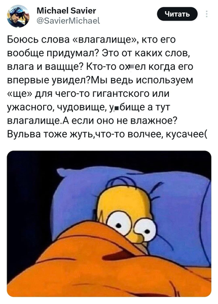 Боюсь слова «влагалище», кто его вообще придумал? Это от каких слов, влага и ващще? Кто-то ох*ел когда его впервые увидел? Мы ведь используем «ще» для чего-то гигантского или ужасного, чудовище, у*бище а тут влагалище. А если оно не влажное? Вульва тоже жуть, что-то волчее, кусачее...