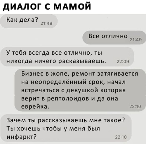 *ДИАЛОГ С МАМОЙ*
– Как дела?
– Всё отлично.
– У тебя всегда всё отлично, ты никогда ничего рассказываешь.
– Бизнес в жопе, ремонт затягивается на неопределённый срок, начал встречаться с девушкой которая верит в рептолоидов и да она еврейка.
– Зачем ты рассказываешь мне такое? Ты хочешь чтобы у меня был инфаркт?