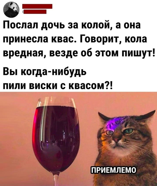 Послал дочь за колой, а она принесла квас. Говорит, кола вредная, везде об этом пишут!
Вы когда-нибудь пили виски с квасом?!
*Приемлемо*