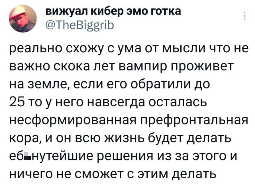 Реально схожу с ума от мысли, что не важно скока лет вампир проживет на земле, если его обратили до 25 то у него навсегда осталась несформированная префронтальная кора, и он всю жизнь будет делать еб*нутейшие решения из за этого и ничего не сможет с этим делать.