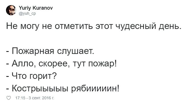 Не могу не отметить этот чудесный день.
– Пожарная слушает.
– Алло, скорее, тут пожар!
– Что горит?
– Кострыыыыы рябииииин!