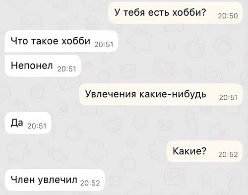 – У тебя есть хобби?
– Что такое хобби? Непонел.
– Увлечения какие-нибудь.
– Да.
– Какие?
– Член увлечил.