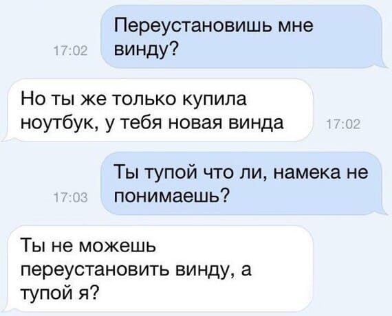 – Переустановишь мне винду?
– Но ты же только купила ноутбук, у тебя новая винда.
– Ты тупой что ли, намека не понимаешь?
– Ты не можешь переустановить винду, а тупой я?