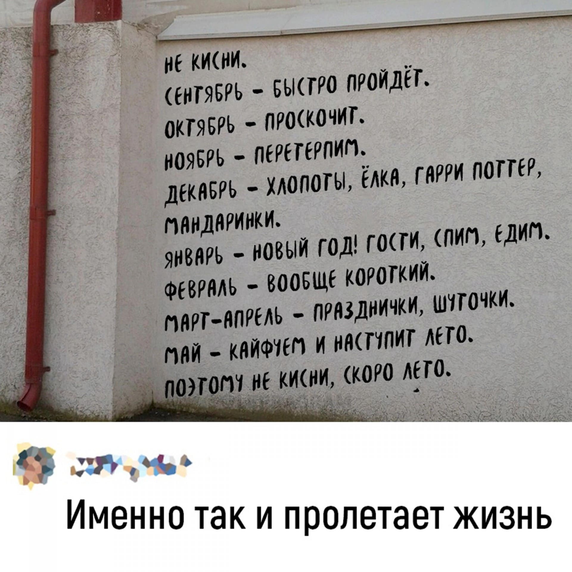 Не кисни.
Сентябрь – быстро пройдёт.
Октябрь – проскочит.
Ноябрь – перетерпим.
Декабрь – хлопоты, елка, Гарри Поттер, мандаринки.
Январь – Новый год! Гости, спим, едим.
Февраль – вообще короткий.
Март-Апрель – Празднички, шуточки.
Май – кайфуем и наступит лето.
Поэтому не кисни, скоро лето.
Комментарий:
– Именно так и пролетает жизнь.