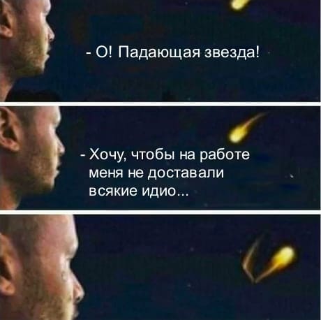 – О! Падающая звезда!
– Хочу, чтобы на работе меня не доставали всякие идиоты...