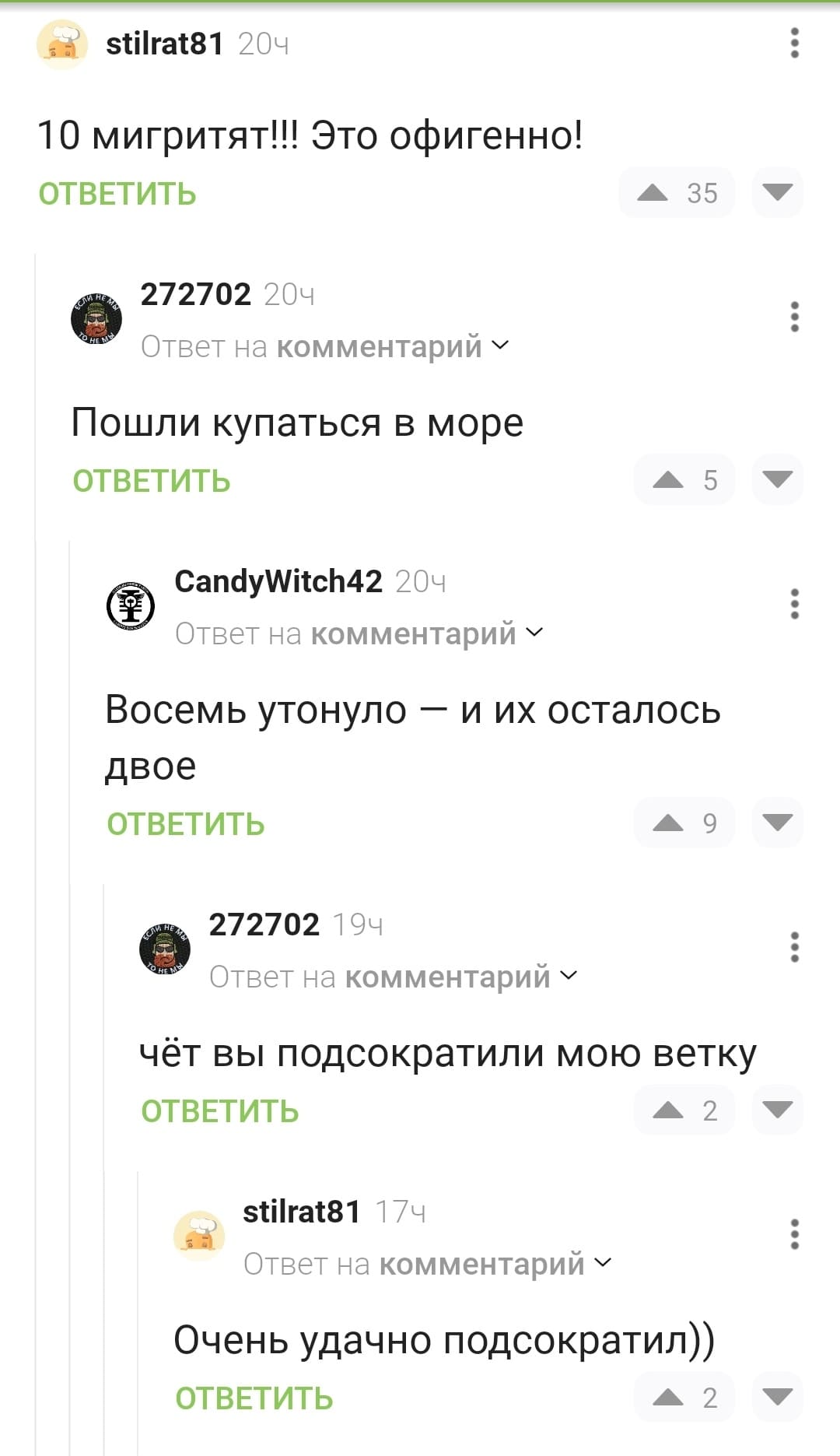 – 10 мигритят!!! Это офигенно!
– Пошли купаться в море.
– Восемь утонуло — и их осталось двое.
– Чёт вы подсократили мою ветку.
– Очень удачно подсократил))