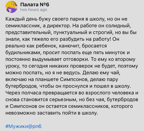 Каждый день бужу своего парня в школу, но он не семиклассник, а директор. На работе он солидный, представительный, пунктуальный и строгий, но вы бы знали, как тяжело его разбудить на работу! Он реально как ребенок, канючит, бросается будильниками, просит поспать еще пять минуток и постоянно выдумывает отговорки. То ему ко второму уроку, то сегодня никаких проверок не будет, поэтому можно поспать, но я не ведусь. Делаю ему чай, включаю на планшете Симпсонов, делаю пару бутербродов, чтобы он проснулся и пошел в школу. Через полчаса превращается во взрослого человека и снова становится серьезным, но без чая, бутербродов и Симпсонов он остается семиклассников, которого невозможно заставить пойти в школу.