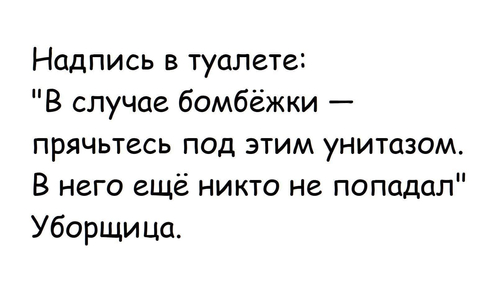 Надпись в туалете:
«В случае бомбёжки — прячьтесь под этим унитазом. В него ещё никто не попадал» Уборщица.