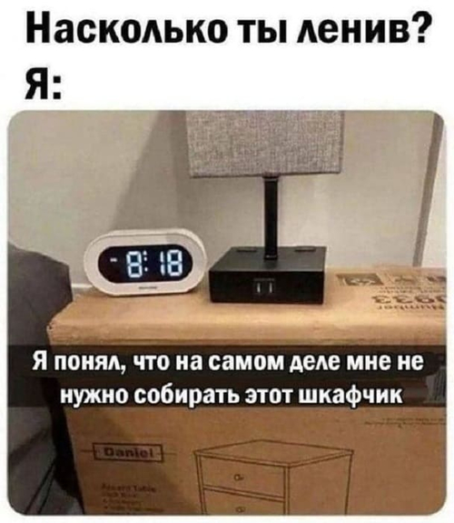 – Насколько ты ленив?
– Я понял, что на самом деле мне не нужно собирать этот шкафчик.