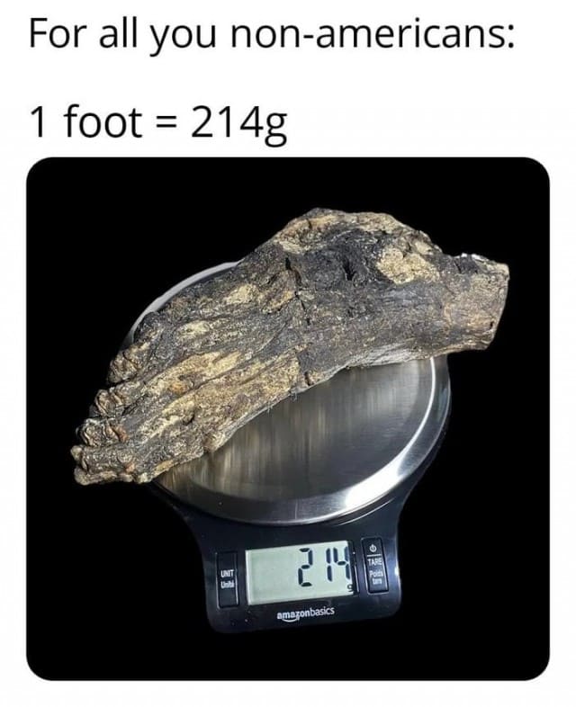 For all you non-americans:
1 foot = 214g

фут (foot) = 0,3048 м (или 12 дюймов)