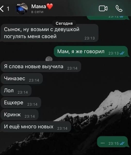 – Сынок, ну возьми с девушкой погулять меня своей.
– Мам, я же говорил.
– Я слова новые выучила. Чиназес. Лол. Ещкере. Кринж. И ещё много новых.