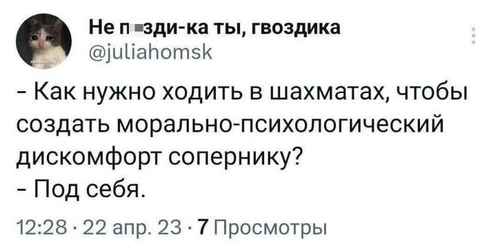 – Как надо ходить в шахматах, чтобы создать морально-психологический дискомфорт своему сопернику?
– Под себя.