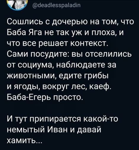 Сошлись с дочерью на том, что Баба Яга не так уж и плоха, и что все решает контекст. Сами посудите: вы отселились от социума, наблюдаете за животными, едите грибы и ягоды, вокруг лес, каеф. Баба-Егерь просто.
И тут припирается какой-то немытый Иван и давай хамить...