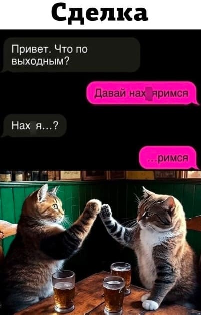 – Привет. Что по выходным?
– Давай на...яримся
– Нах я...?
– ...римся!