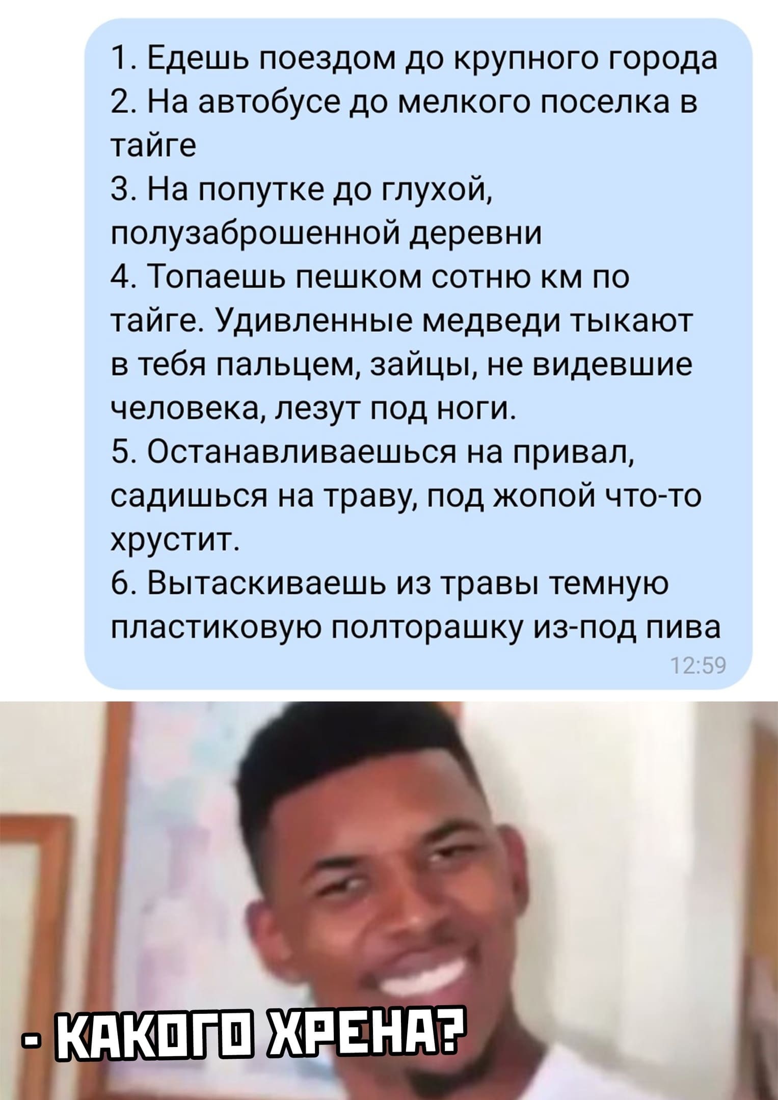 1. Едешь поездом до крупного города.
2. На автобусе до мелкого поселка в тайге.
3. На попутке до глухой, полузаброшенной деревни.
4. Топаешь пешком сотню км по тайге. Удивленные медведи тыкают в тебя пальцем, зайцы, не видевшие человека, лезут под ноги.
5. Останавливаешься на привал, садишься на траву, под жопой что-то хрустит.
6. Вытаскиваешь из травы темную пластиковую полторашку из-под пива.
*Какого хрена?*