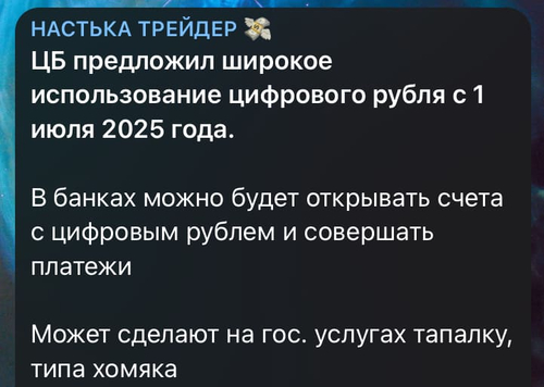 ЦБ предложил широкое использование цифрового рубля с 1 июля 2025 года.
В банках можно будет открывать счета с цифровым рублем и совершать платежи.
Может сделают на гос. услугах тапалку, типа хомяка.