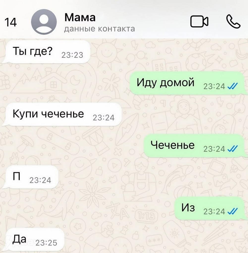 – Ты где?
– Иду домой.
– Купи чеченье 
– Чеченье.
– П
– Из
– Да