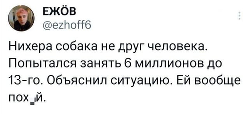 Нихера собака не друг человека. Попытался занять 6 миллионов до 13-го. Объяснил ситуацию. Ей вообще пох*й.