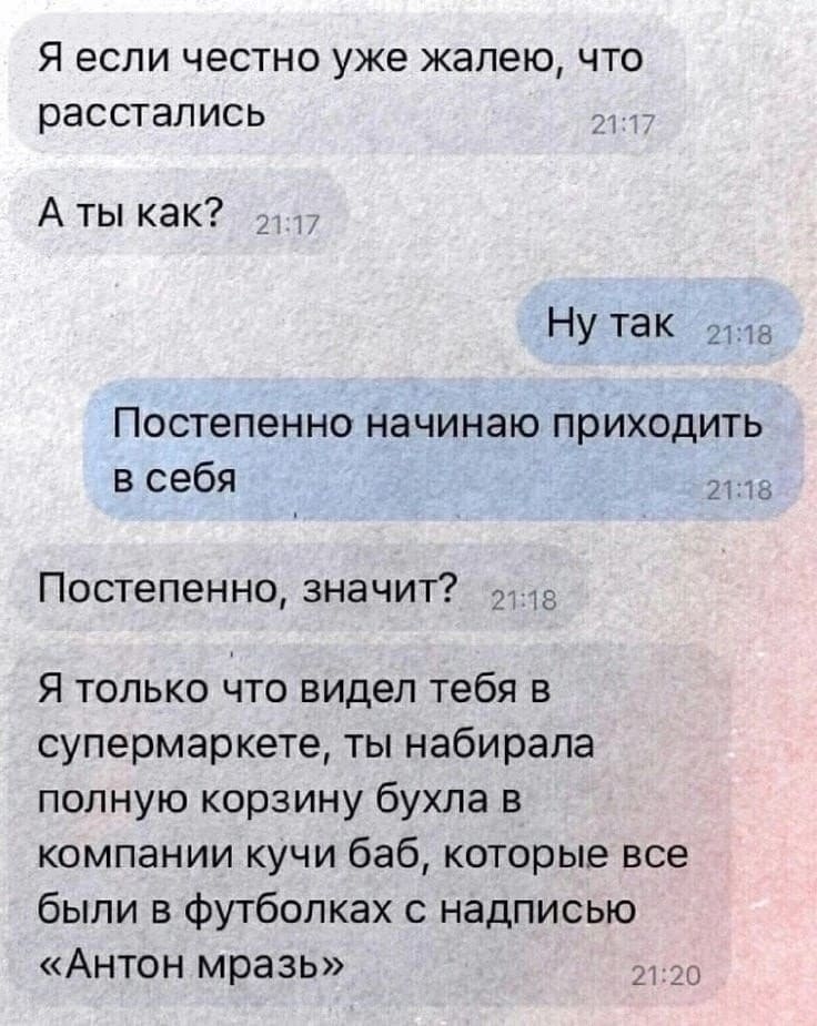 – Я если честно уже жалею, что расстались. А ты как?
– Ну так. Постепенно начинаю приходить в себя.
– Постепенно, значит? Я только что видел тебя в супермаркете, ты набирала полную корзину бухла в компании кучи баб, которые все были в футболках с надписью «Антон мразь».