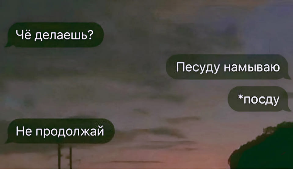 – Привет, что делаешь?
– Песуду намываю.
...
*посду
– Не продолжай.