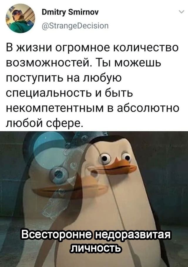 В жизни огромное количество возможностей. Ты можешь поступить на любую специальность и быть некомпетентным в абсолютно любой сфере.
*Всесторонне недоразвитая личность*