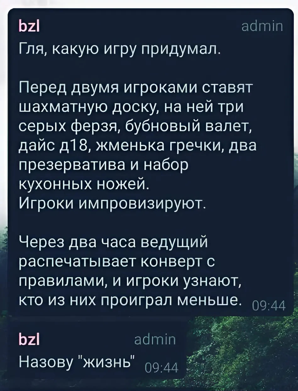 Гля, какую игру придумал. Перед двумя игроками ставят шахматную доску, на ней три серых ферзя, бубновый валет, дайс д18, жменька гречки, два презерватива и набор кухонных ножей. Игроки импровизируют. Через два часа ведущий распечатывает конверт с правилами, и игроки узнают, кто из них проиграл меньше. Назову «жизнь».