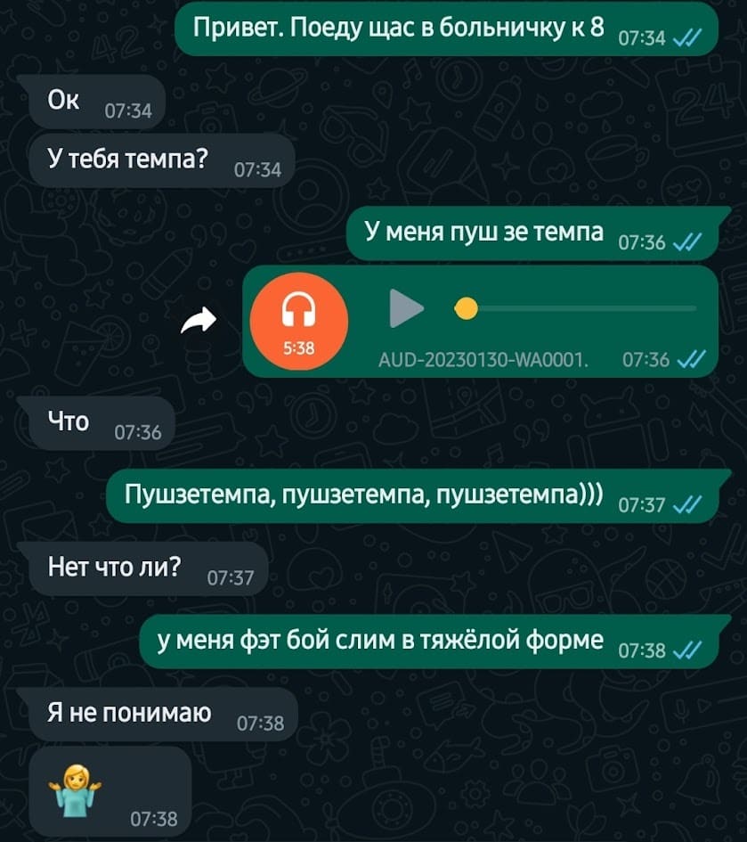 – Привет. Поеду щас в больничку к 8.
– У тебя темпа?
– У меня пушзе темпа.
*AUD-20230130-WA0001*
– Что?
– Пушзетемпа, пушзетемпа, пушзетемпа)))
– Нет что ли?
– у меня фэт бой слим в тяжёлой форме.
– Я не понимаю.