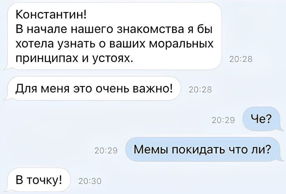 – Константин! В начале нашего знакомства я бы хотела узнать о ваших моральных принципах и устоях. Для меня это очень важно!
– Мемы покидать что ли?
– В точку!