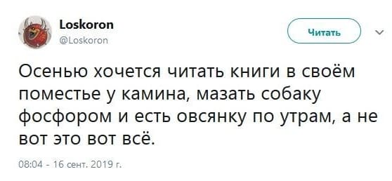 Осенью хочется читать книги в своём поместье у камина, мазать собаку фосфором и есть овсянку по утрам, а не вот это вот всё.