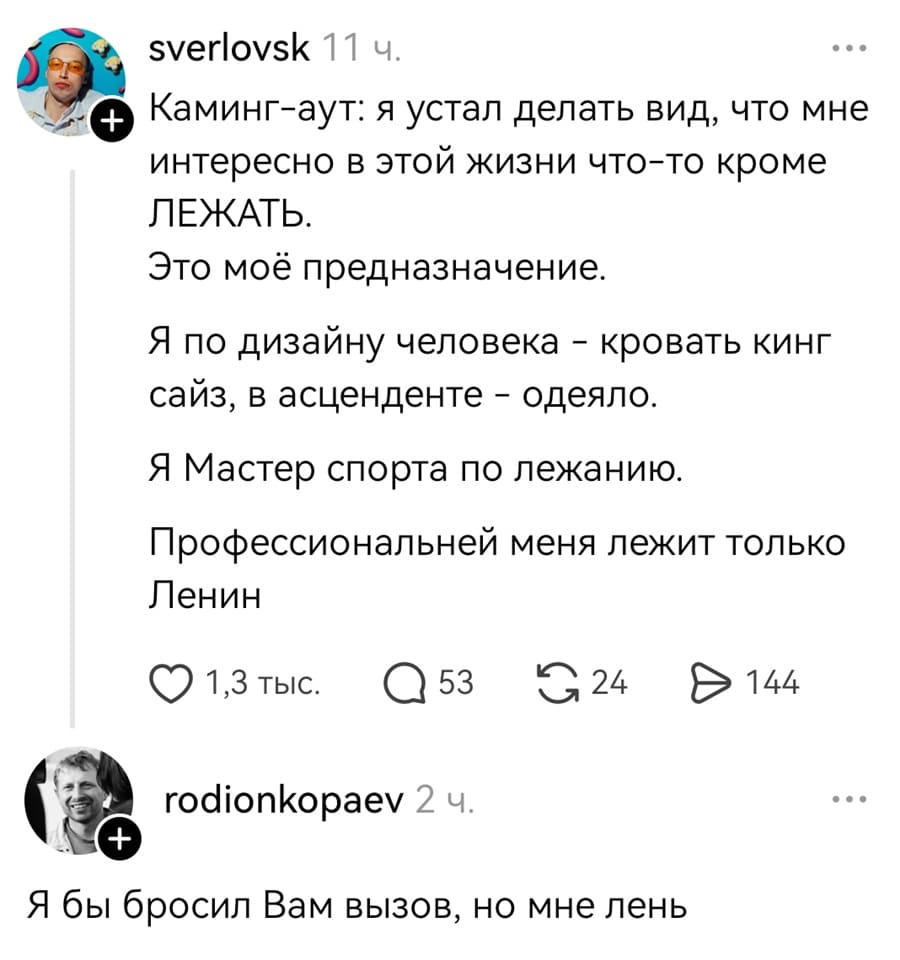 – Каминг-аут: я устал делать вид, что мне интересно в этой жизни что-то кроме ЛЕЖАТЬ. Это моё предназначение. Я по дизайну человека — кровать кинг сайз, в асценденте — одеяло. Я Мастер спорта по лежанию. Профессиональней меня лежит только Ленин.
– Я бы бросил Вам вызов, но мне лень.