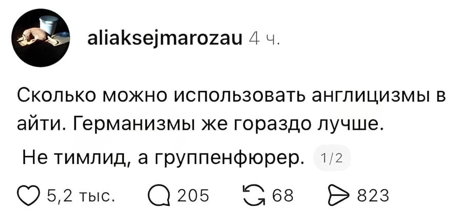 Сколько можно использовать англицизмы в айти. Германизмы же гораздо лучше.
Не тимлид, а группенфюрер.