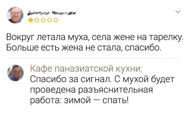 Отзыв от посетителей ресторана:
– Вокруг летала муха, села жене на тарелку. Больше есть жена не стала, спасибо.
Кафе паназиатской кухни:
– Спасибо за сигнал. С мухой будет проведена разъяснительная работа: зимой — спать!