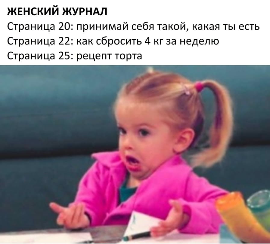 ЖЕНСКИЙ ЖУРНАЛ:
Страница 20: принимай себя такой, какая ты есть.
Страница 22: как сбросить 4 кг. за неделю.
Страница 25: рецепт торта.