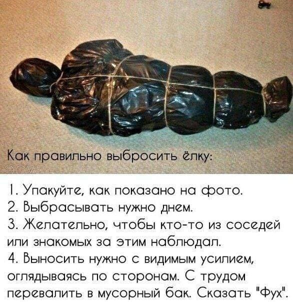Как правильно выбросить ёлку:
1. Упакуйте, как показано на фото.
2. Выбрасывать нужно днем.
З. Желательно, чтобы кто-то из соседей или знакомых за этим наблюдал.
4. Выносить нужно с видимым усилием, оглядываясь по сторонам. С трудом перевалить в мусорный бою Сказать «Фух».