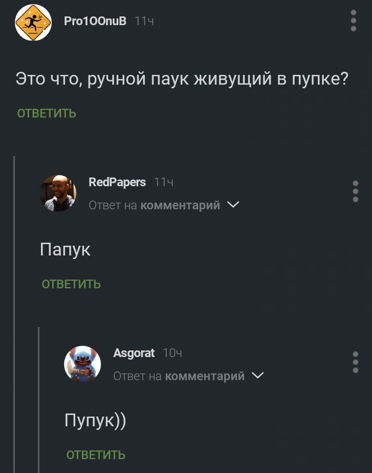 – Это что, ручной паук живущий в пупке?
– Папук.
– Пупук.