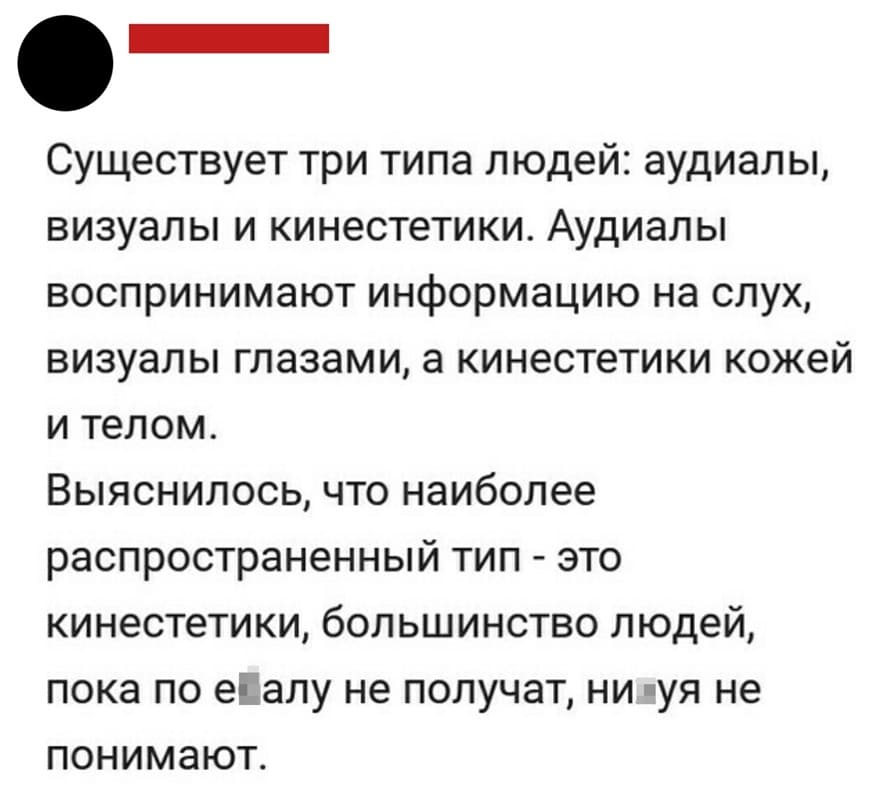 Существует три типа людей: аудиалы, визуалы и кинестетики.
Аудиалы воспринимают информацию на слух, визуалы глазами, а кинестетики кожей и телом.
Выяснилось, что наиболее распространенный тип – это кинестетики, большинство людей, пока по е*алу не получат, ни*уя не понимают.
