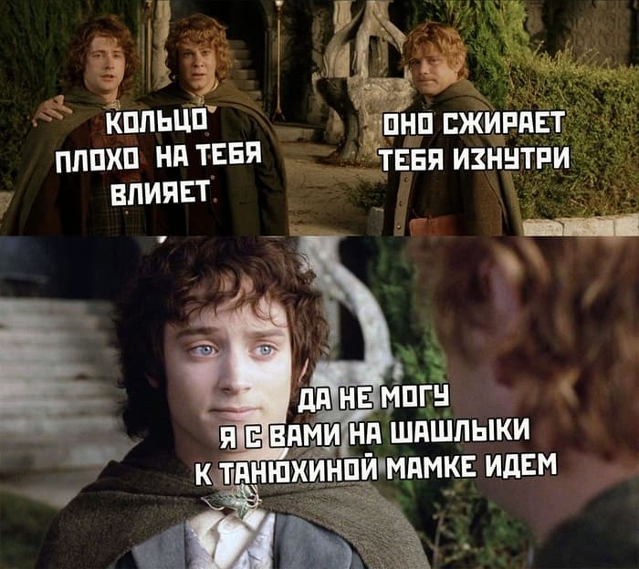 – Кольцо плохо на тебя влияет. Оно сжирает тебя изнутри.
– Да не могу я с вами на шашлыки. К Танюхиной мамке идём.