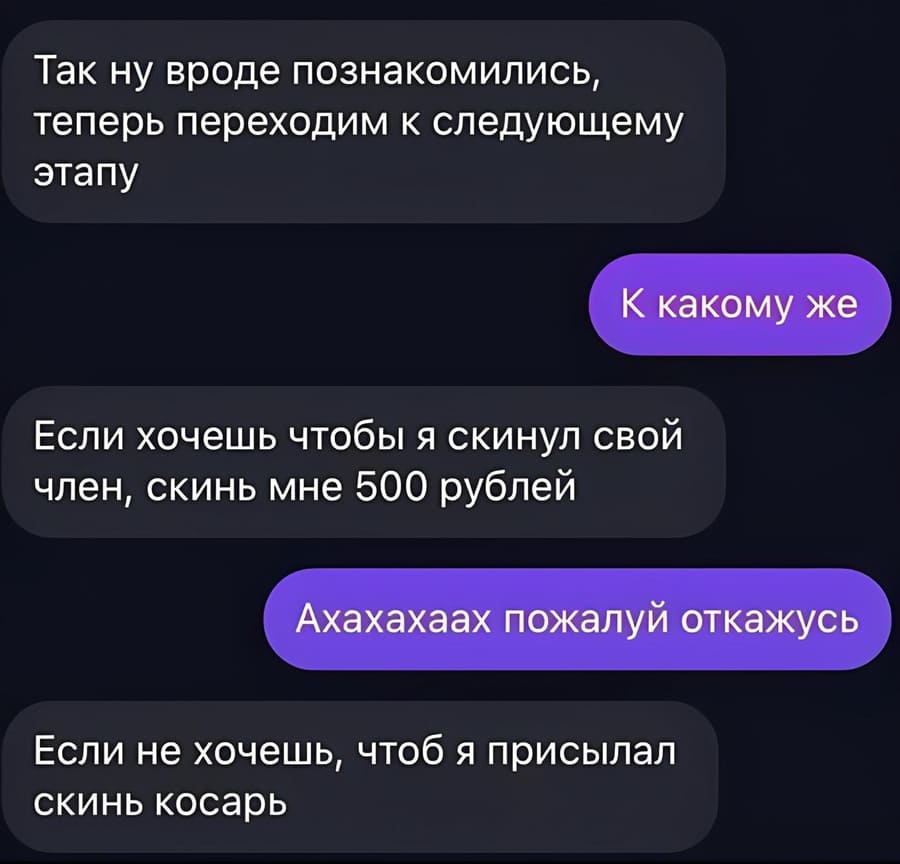 – Так, ну вроде познакомились, теперь переходим к следующему этапу.
– К какому же?
– Если хочешь чтобы я скинул свой член, скинь мне 500 рублей.
– Ахахахаах пожалуй откажусь.
– Если не хочешь, чтоб я присылал, скинь косарь.