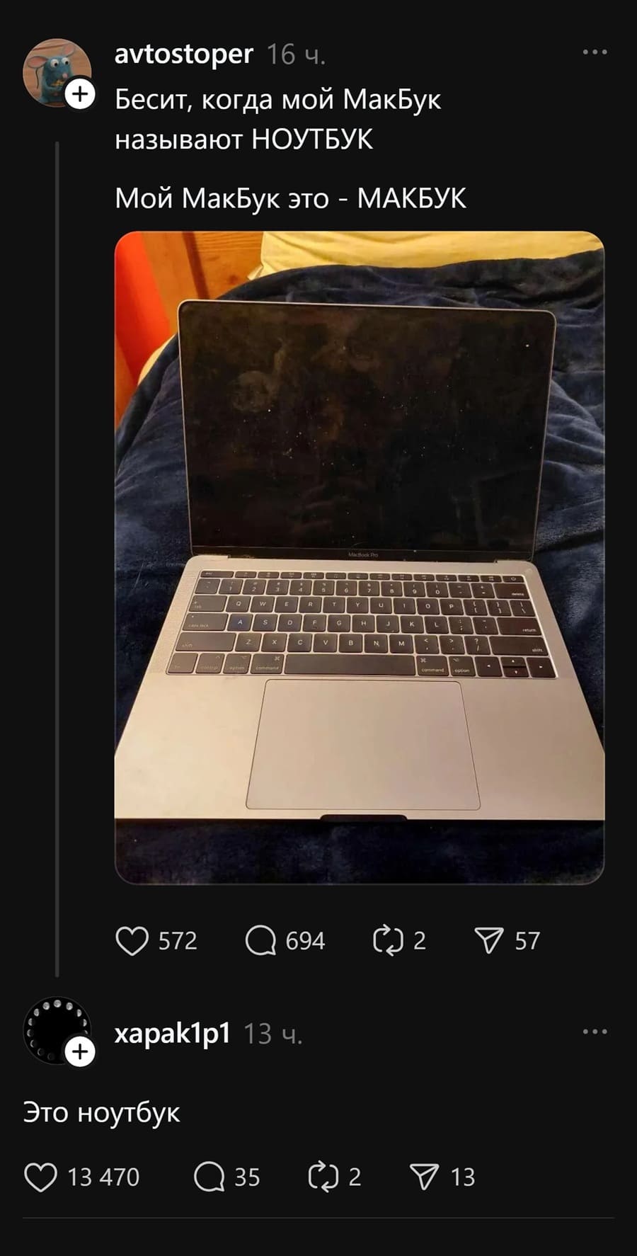 – Бесит, когда мой МакБук называют НОУТБУК. Мой МакБук это — МАКБУК!
– Это ноутбук.